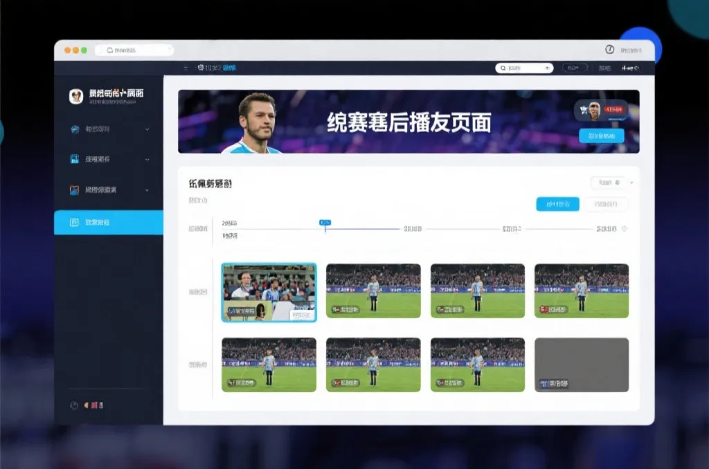 比赛结束后，电视屏幕展示集锦回放页面，旁边有时间轴和多角度切换提示
